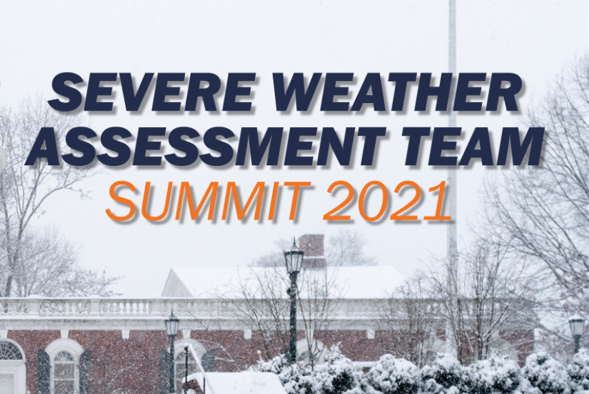 Brick building in the snow and Severe Weather Assessment Team Summit 2021
