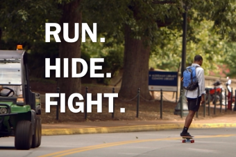 run hide fight text next to student riding scooter